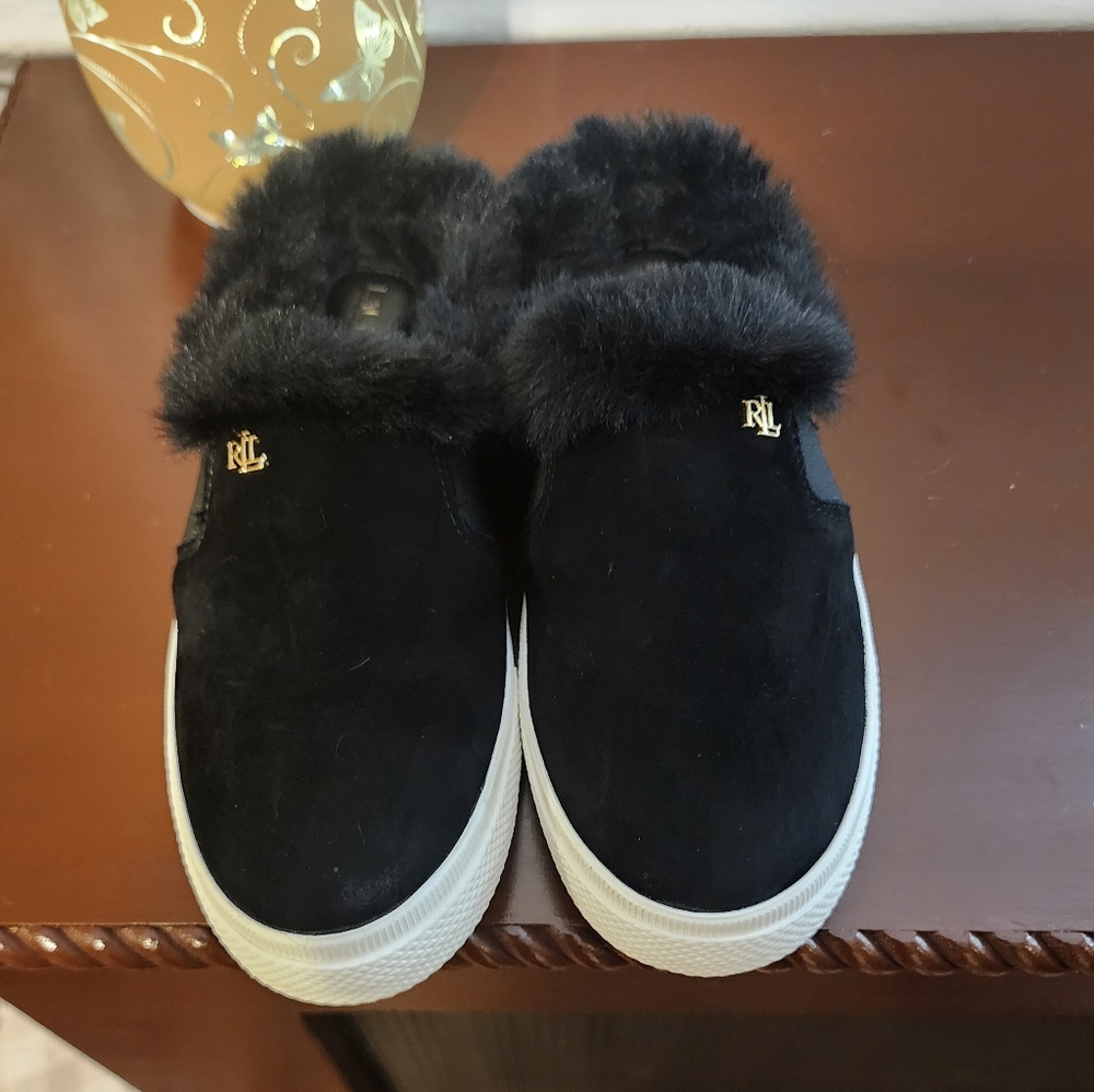 Ralph Lauren Black Suede Fur Slip-On Sneakers